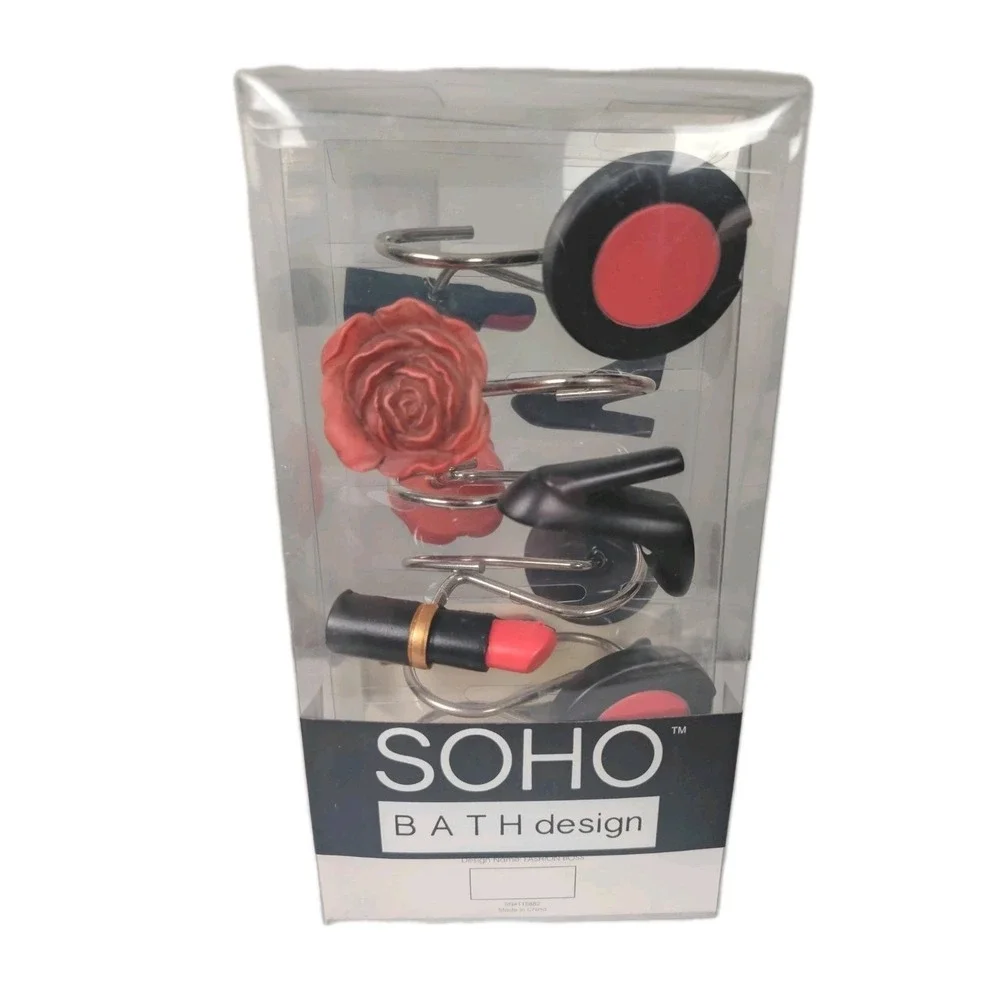 Glam Shower Curtain Hooks‎ Set Lipstick Heels Rose Bath Decor Fashion Vanity